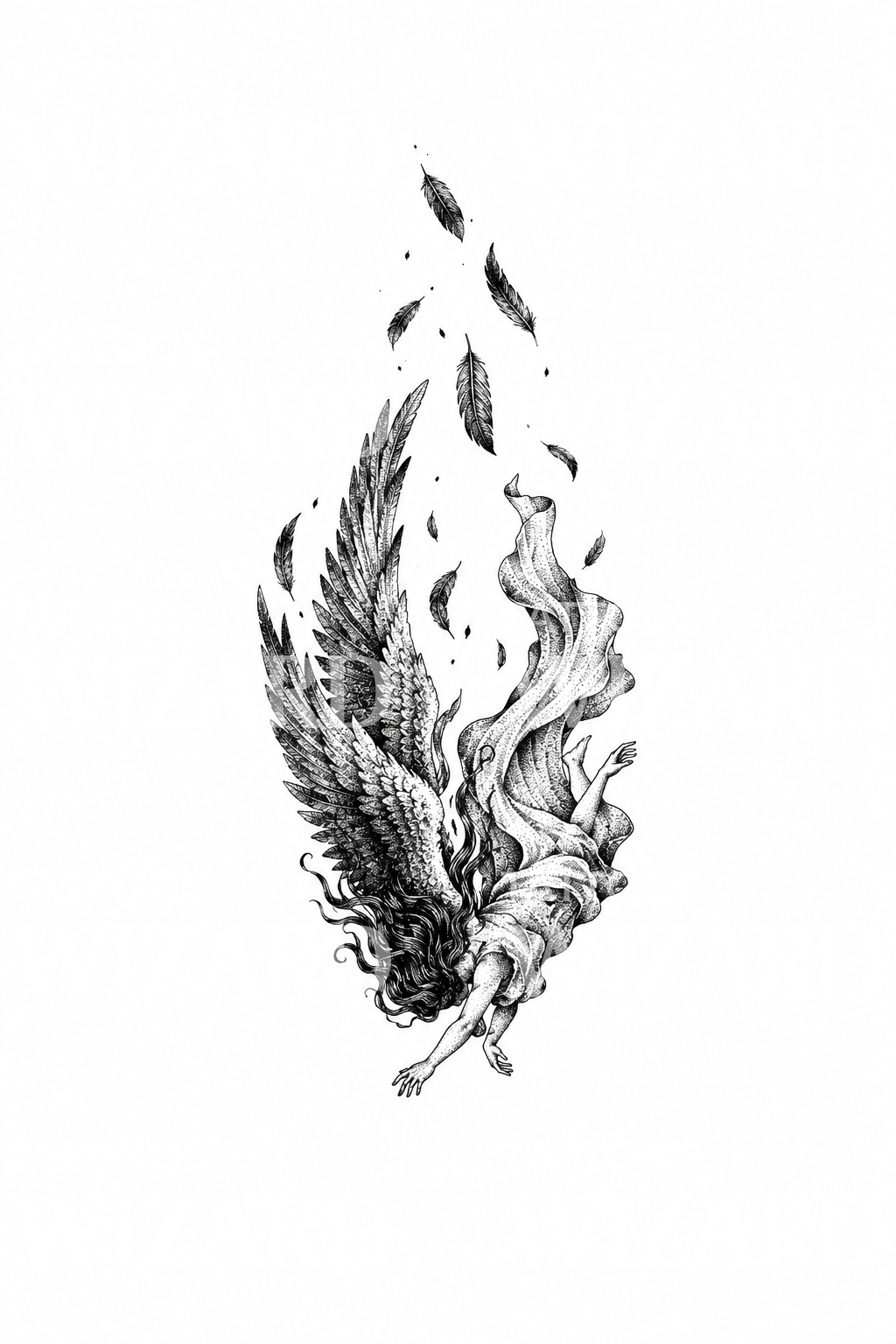 Tatuagem de anjo caído com penas dispersas em pontilhismo