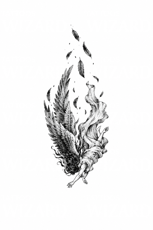 Stippled Falling Angel with Scattering Feathers Tattoo