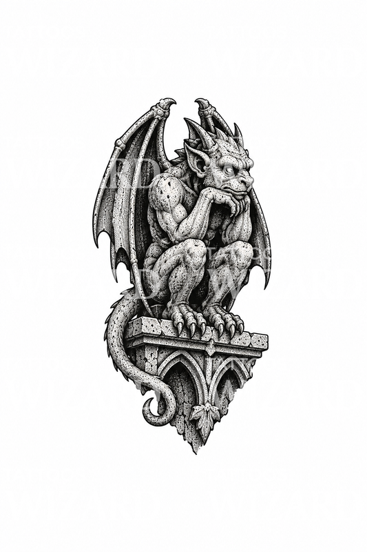 Gargoyle puntinato su mensola gotica, design per tatuaggio