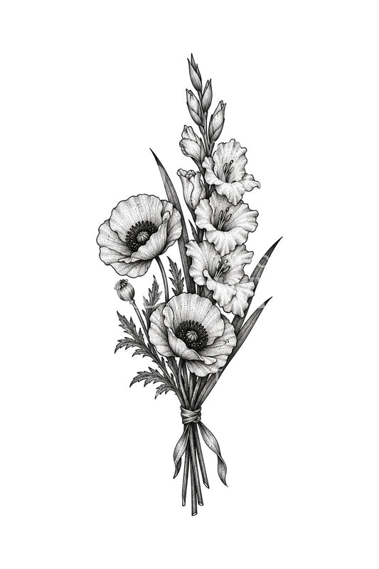 Stippled Gladiolus Spire with Poppies Tattoo Design