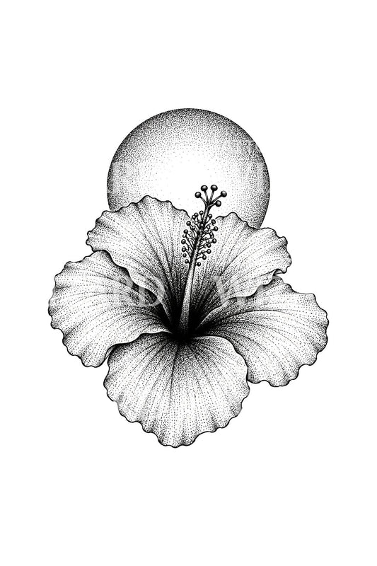 Stippled Hibiscus Against the Sun Tattoo Design
