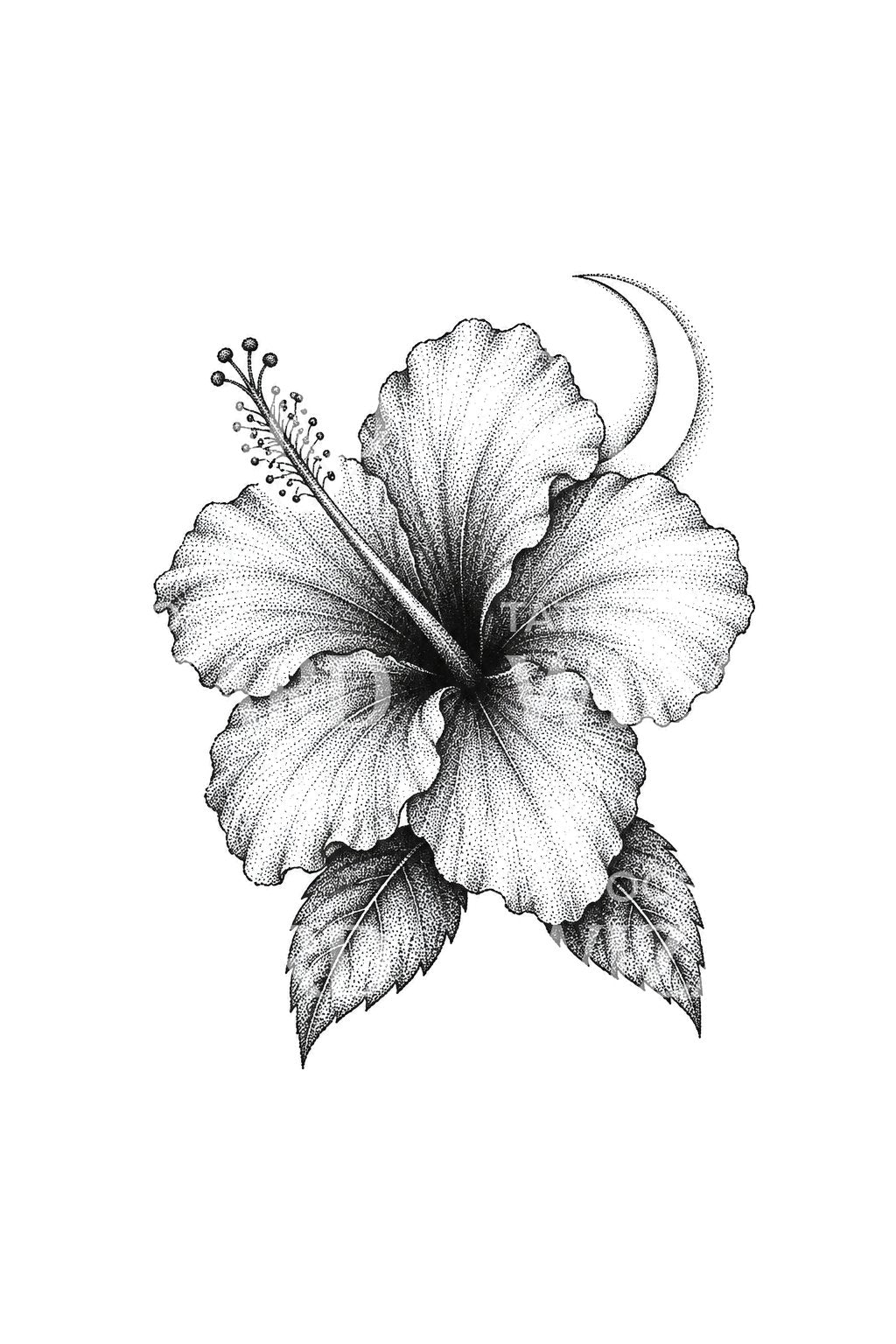 Tatueringsdesign med prickig hibiskus och halvmåne