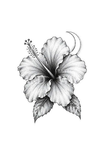 Tatueringsdesign med prickig hibiskus och halvmåne