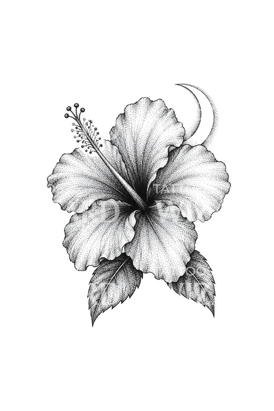 Tattoo-ontwerp met gestippelde hibiscus en maansikkel