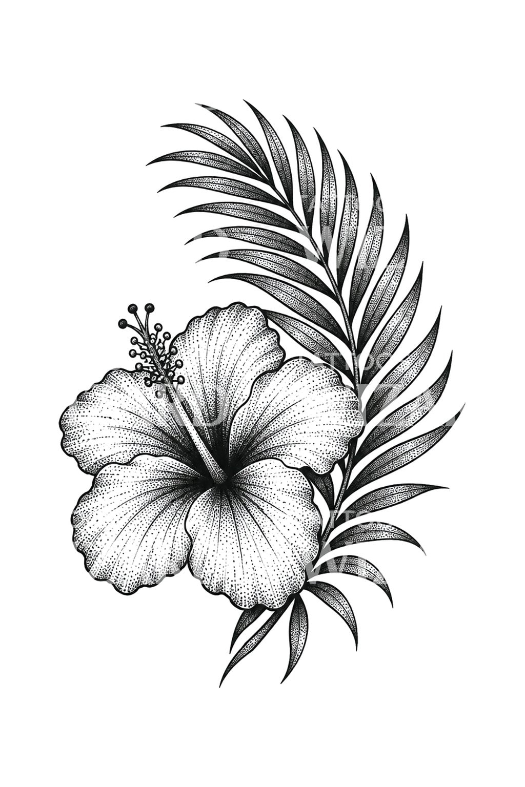 Stippled Hibiscus and Palm Frond Tattoo Design