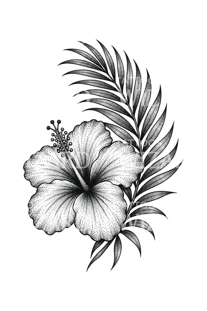Stippled Hibiscus and Palm Frond Tattoo Design