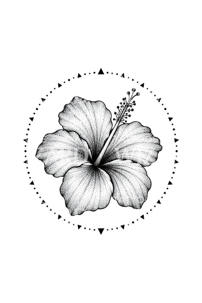 Stiplet hibiskus i prikkring, tatoveringsdesign