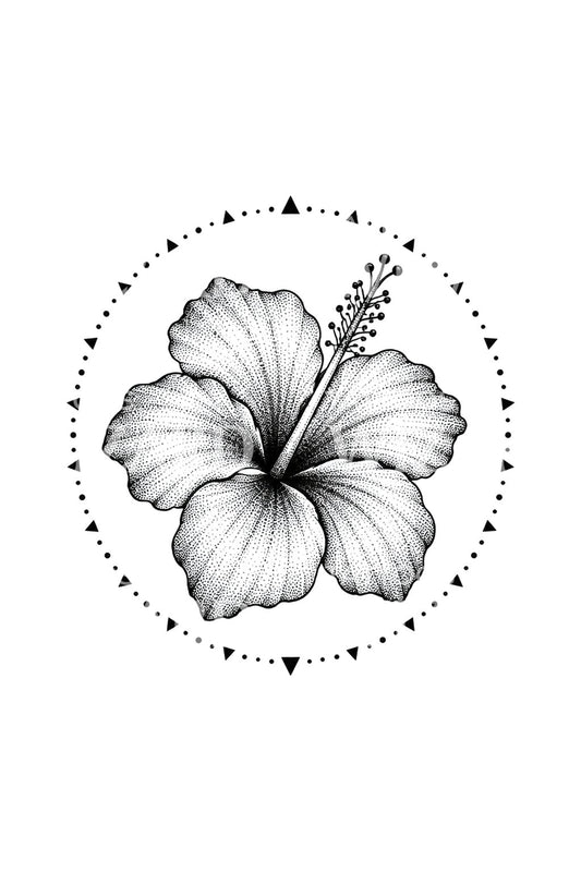 Stiplet hibiskus i prikkring, tatoveringsdesign