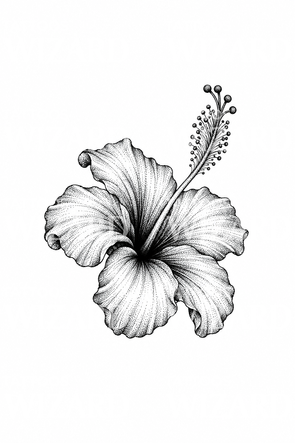 Dotwork-tatovering med prikket hibiscus og krøllet støvdrager