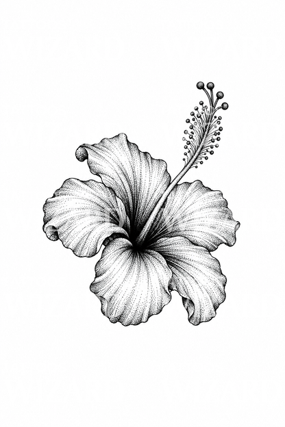 Dotwork-tatovering med prikket hibiscus og krøllet støvdrager