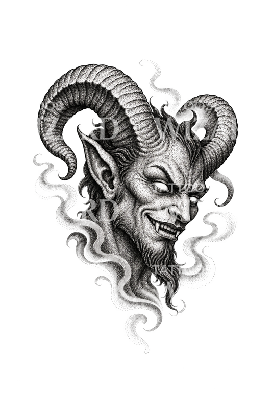 Testa di demone cornuto puntinata, design per tatuaggio