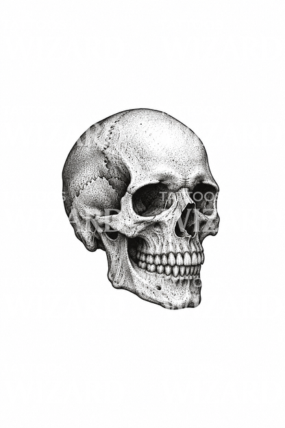 Stippled Human Skull Dotwork Tattoo