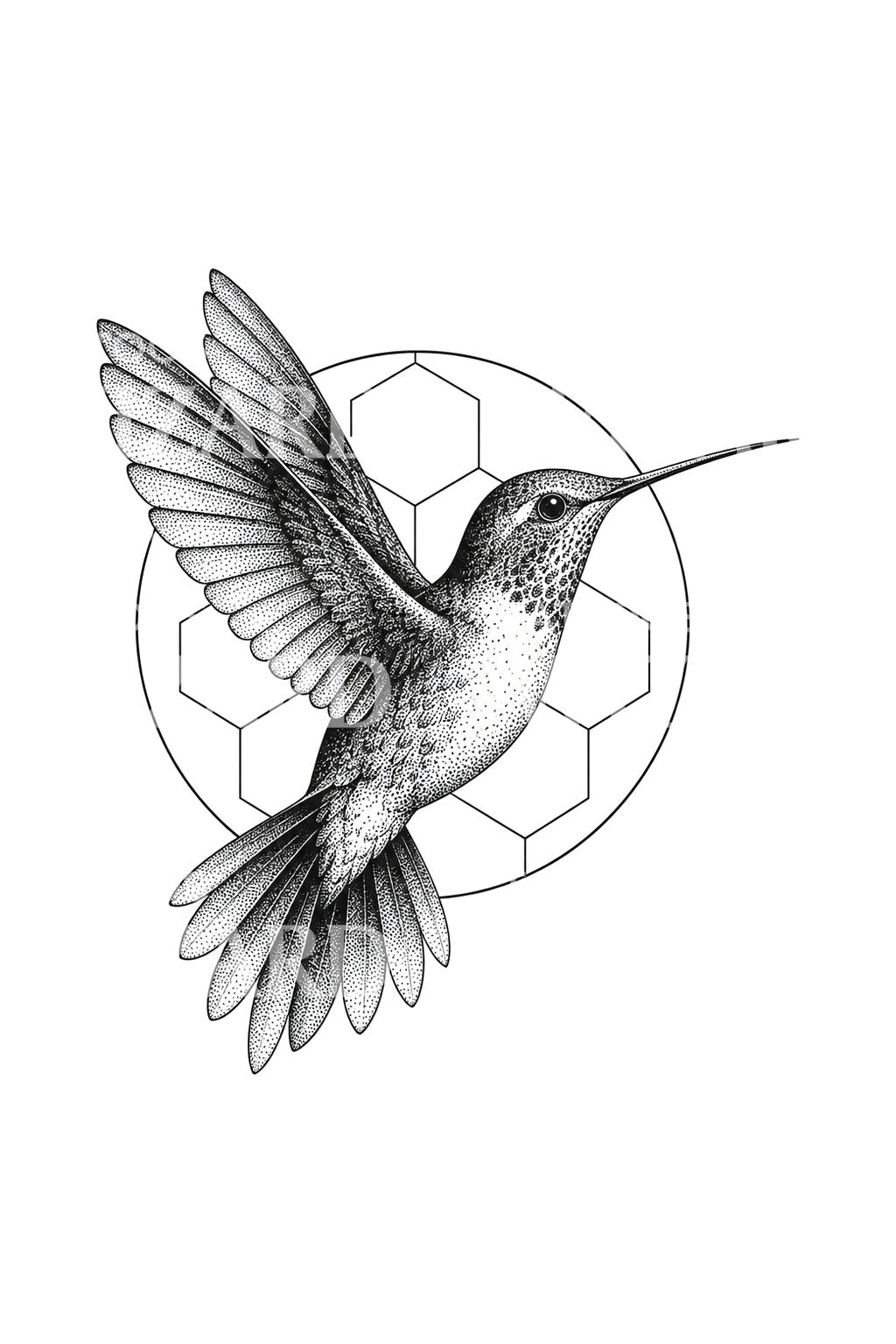 Stiplet tatoveringsdesign med kolibri i hexagoncirkel