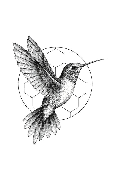 Stiplet tatoveringsdesign med kolibri i hexagoncirkel