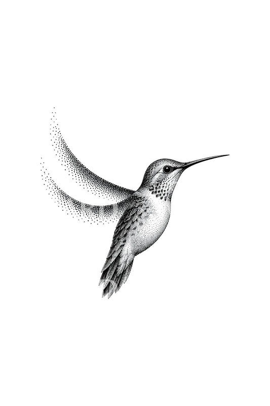 Colibrí punteado con alas arqueadas, diseño de tatuaje