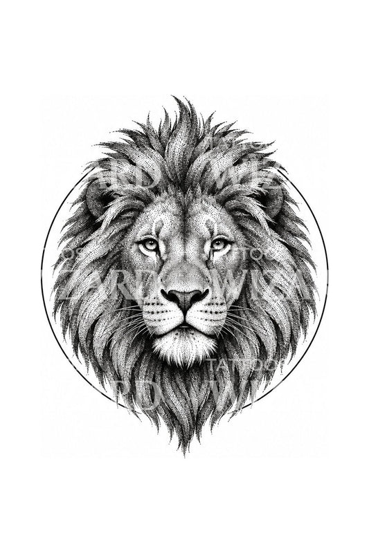Disegno tattoo testa di leone puntinata in cornice circolare