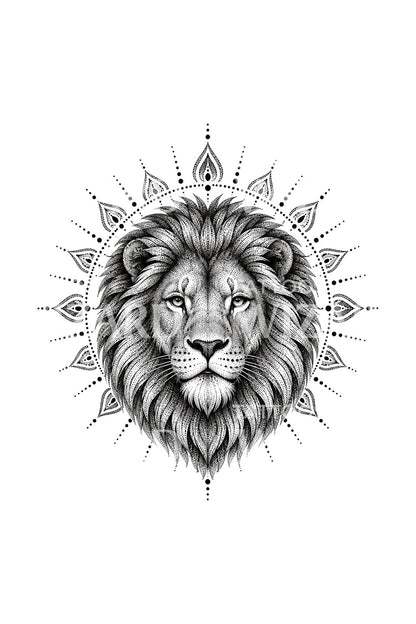 Stiplet mandala-tatovering med løvehoved