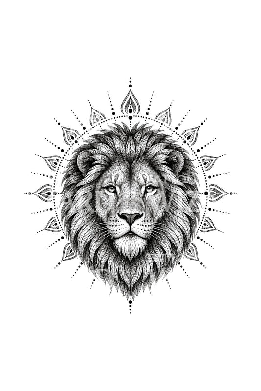 Gepunktetes Löwenkopf-Mandala als Tattoo-Design