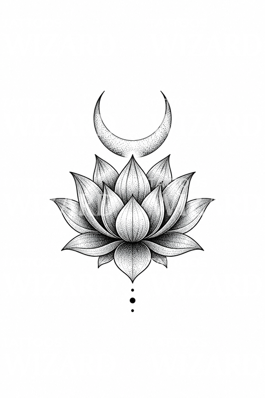 Dotwork-tatovering med prikket lotus og halvmåne