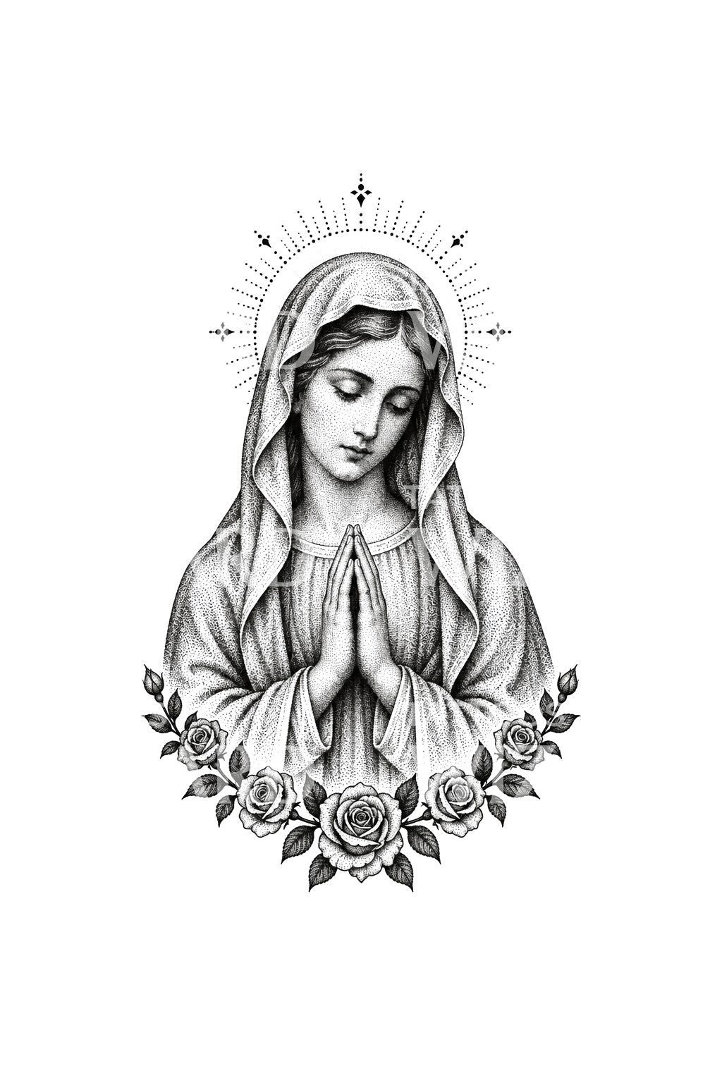 Punktad Madonna ovanför en rosenkrans, tatueringsdesign