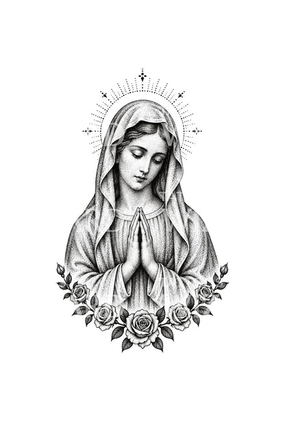 Punktad Madonna ovanför en rosenkrans, tatueringsdesign