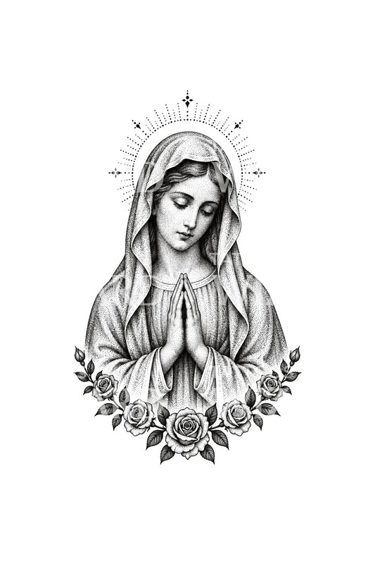Madone pointillée au-dessus d’une couronne de roses, dessin de tatouage