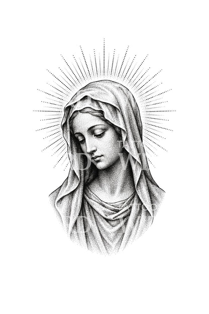 Desain Tato Madonna Bertitik dengan Halo Bercahaya