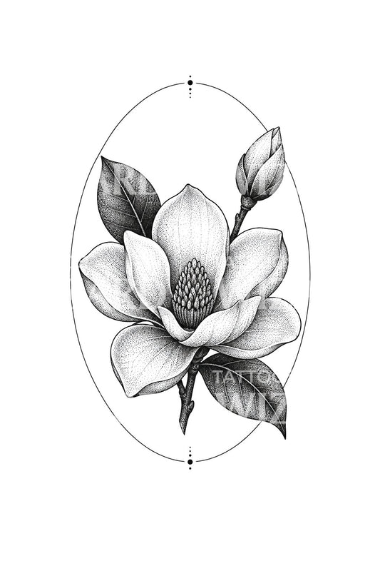 Stippled Magnolia in Oval Frame Tattoo Design