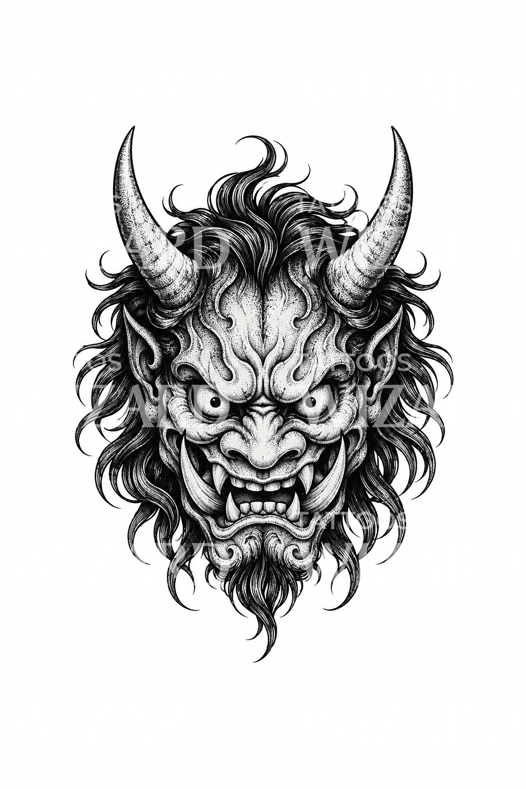 Tatouage d'un masque de démon oni en pointillisme