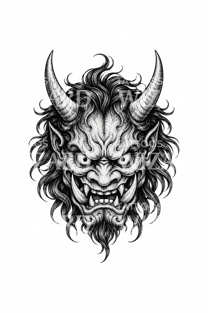 Tatouage d'un masque de démon oni en pointillisme