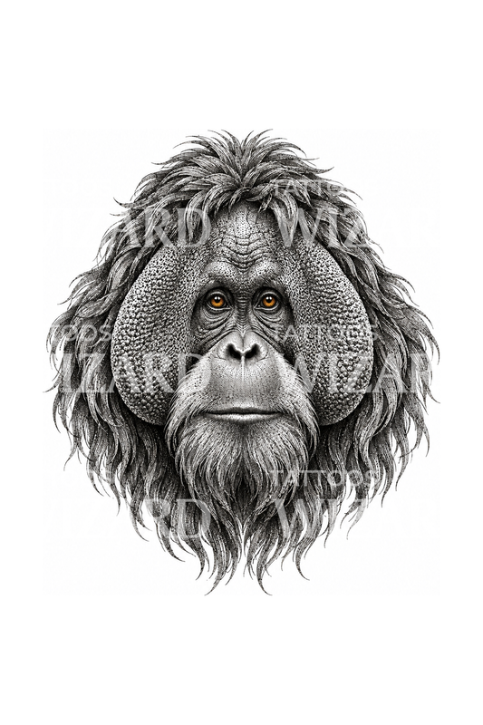 Stippled Orangutan Face with Soulful Eyes Tattoo