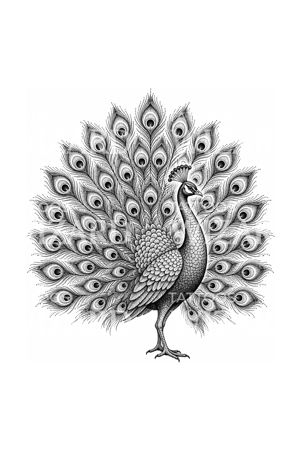 Prikket påfugl med utslått hale, dotwork-tatovering