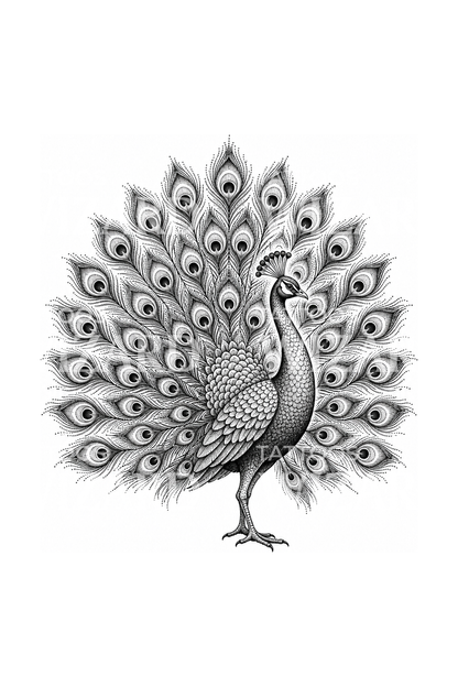 Prikket påfugl med utslått hale, dotwork-tatovering