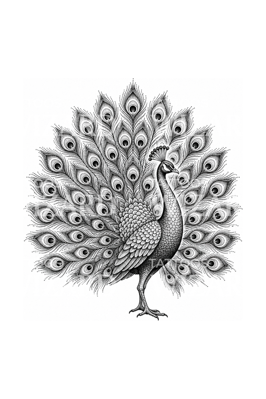 Prikket påfugl med utslått hale, dotwork-tatovering