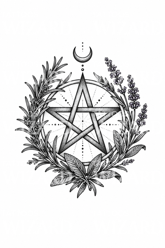 Tečkovaný pentagram s věncem bylin, návrh tetování