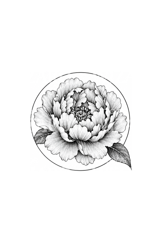 Stippled Peony in a Thin Circle Tattoo Idea