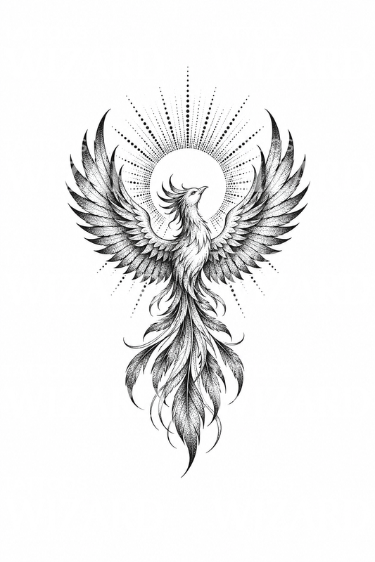 Gepunktetes Tattoo eines über einem Sonnenstrahlenkranz aufsteigenden Phönix