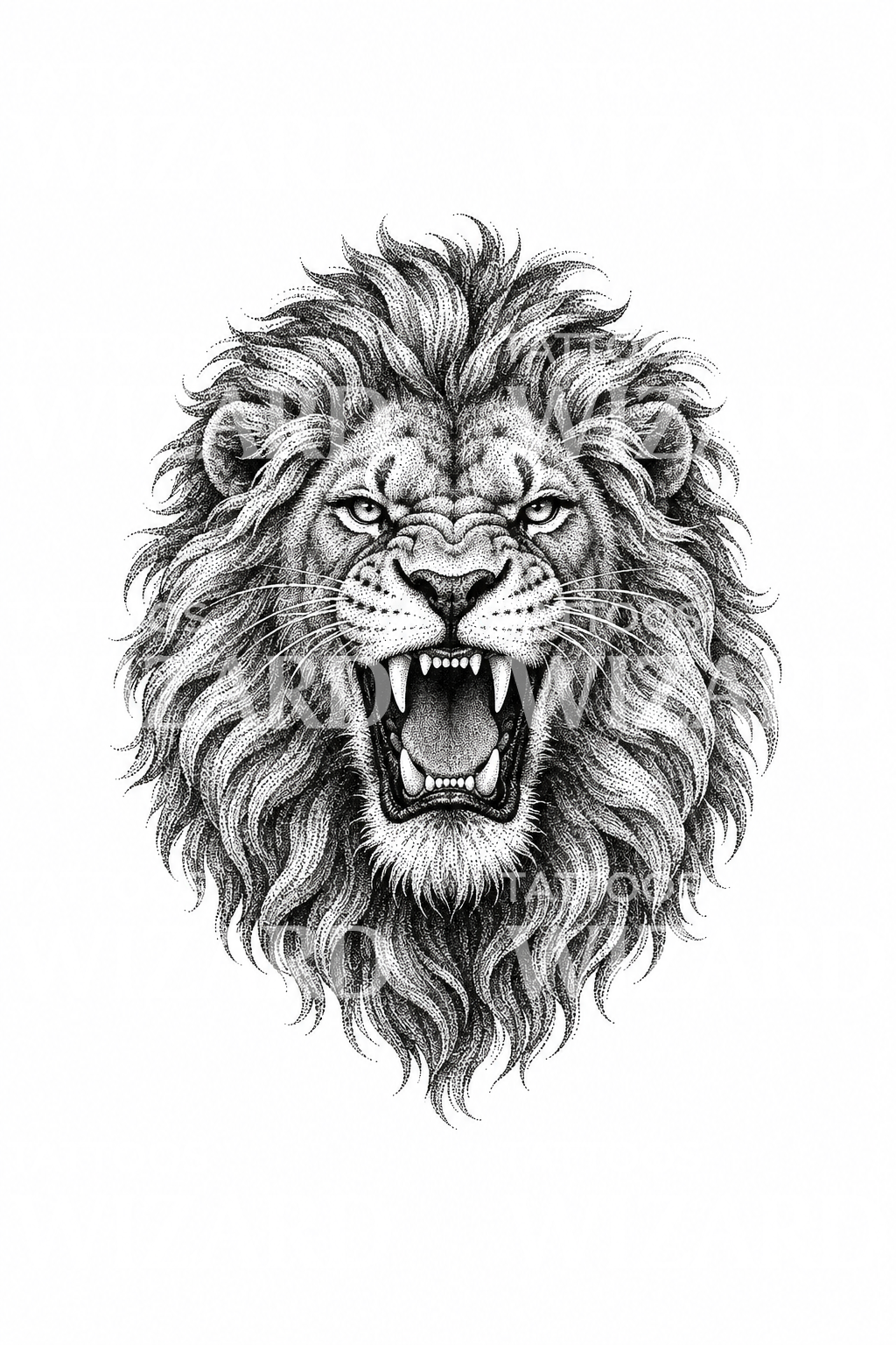 Tatouage de tête de lion rugissant en dotwork