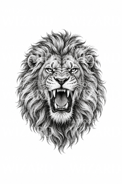 Tatouage de tête de lion rugissant en dotwork