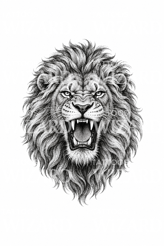 Tatouage de tête de lion rugissant en dotwork