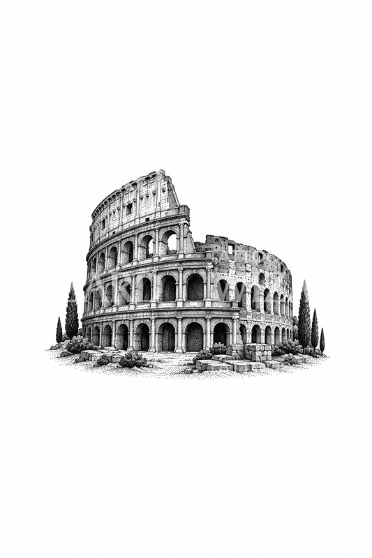Tatoveringsdesign av Colosseum i stipleteknikk