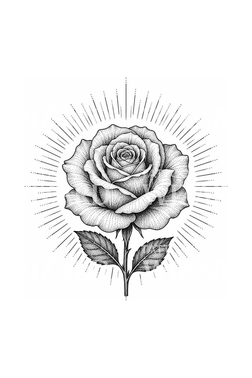 Stippled Rose in a Sunburst Tattoo Design
