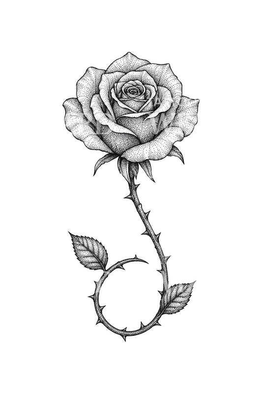 Gepunktete Rose mit geschwungenem Stiel als Tattoo-Idee