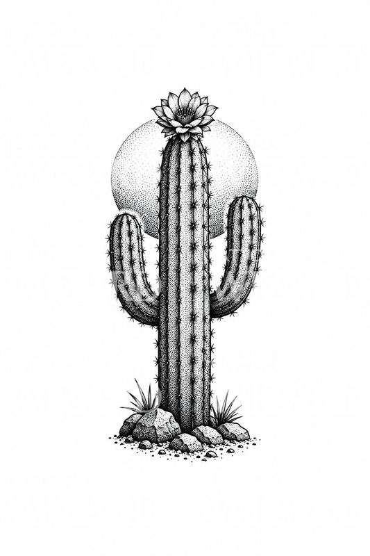 Stippled Saguaro Cactus in Bloom Tattoo Design