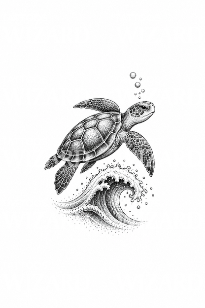 Diseño de tatuaje de tortuga marina punteada sobre una ola