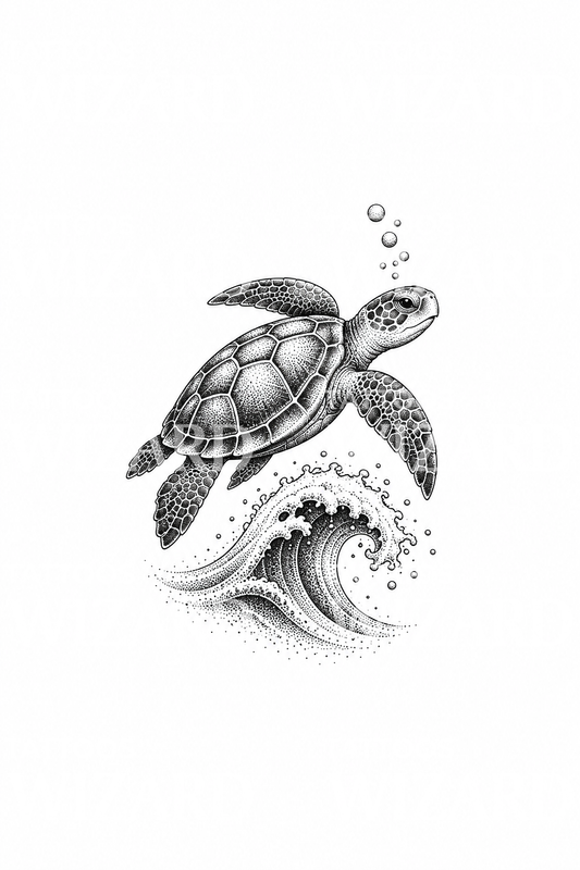 波の上を泳ぐ点描のウミガメ タトゥーデザイン