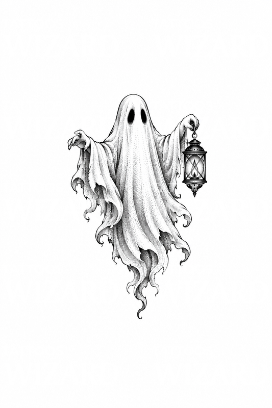 Motif de tatouage d’un fantôme pointillé avec lanterne