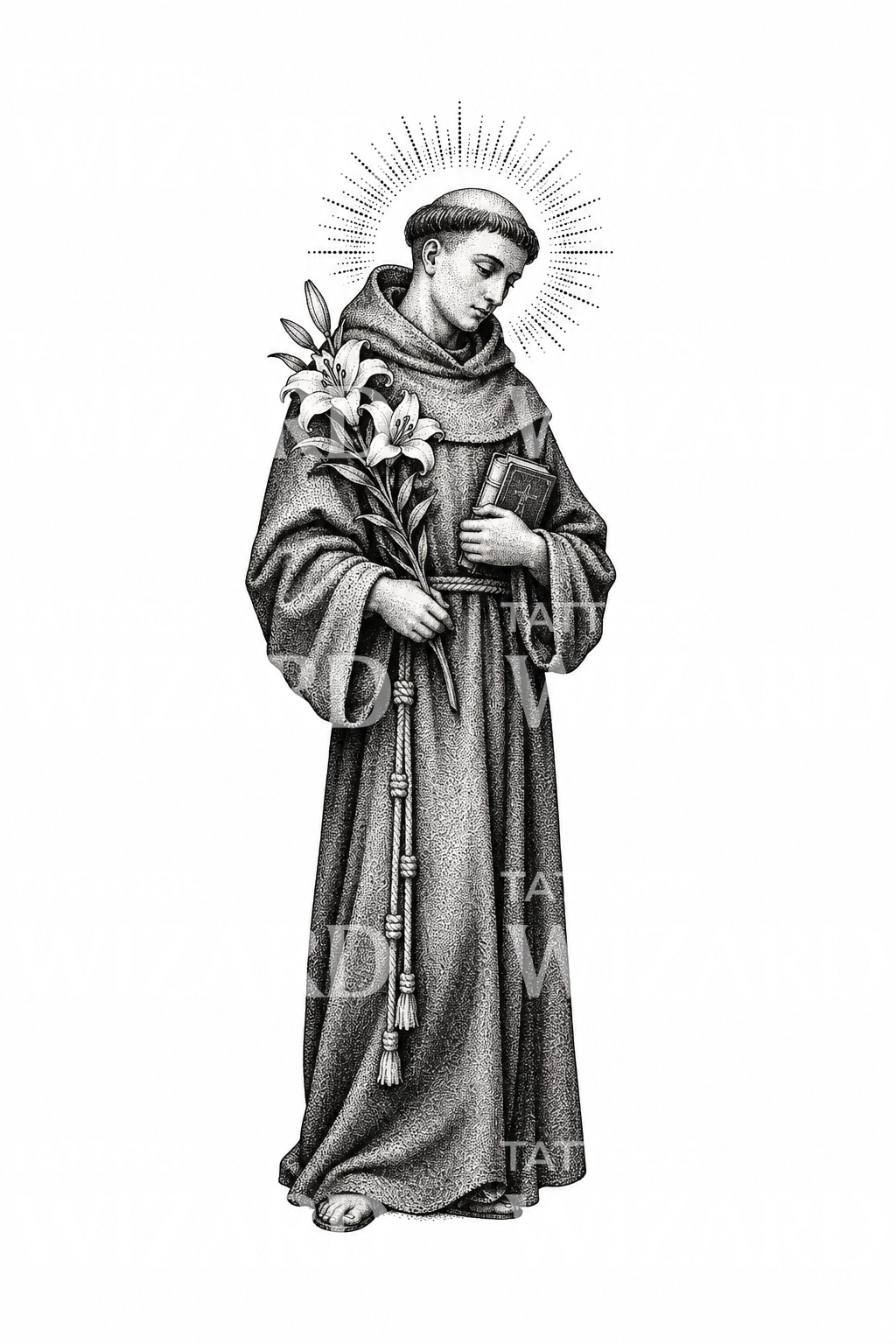 Stippled St Anthony with Lily Tattoo Design