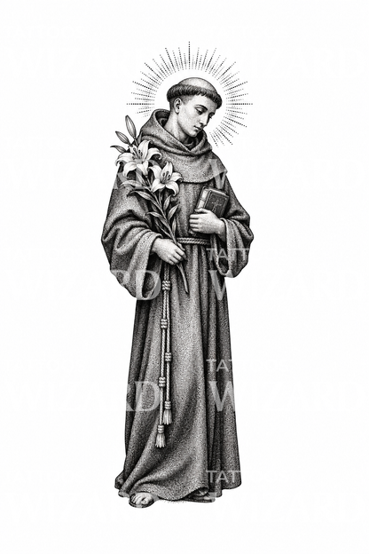 Stippled St Anthony with Lily Tattoo Design