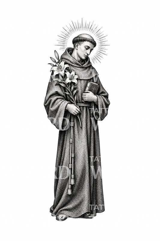Motif de tatouage de saint Antoine pointillé avec lys